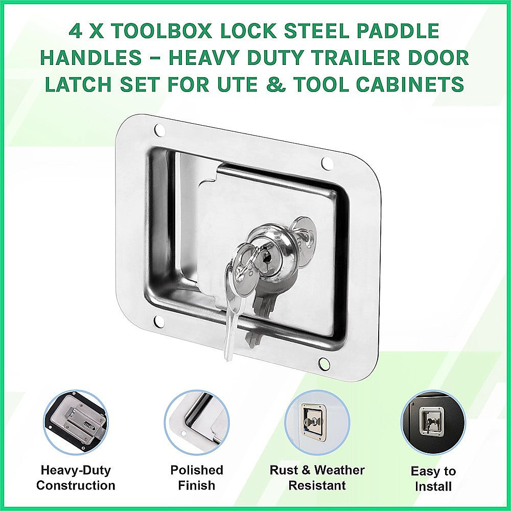4 x Toolbox Lock Steel Paddle Handles - Heavy Duty Trailer Door Latch Set for Ute & Tool Cabinets V63-953031