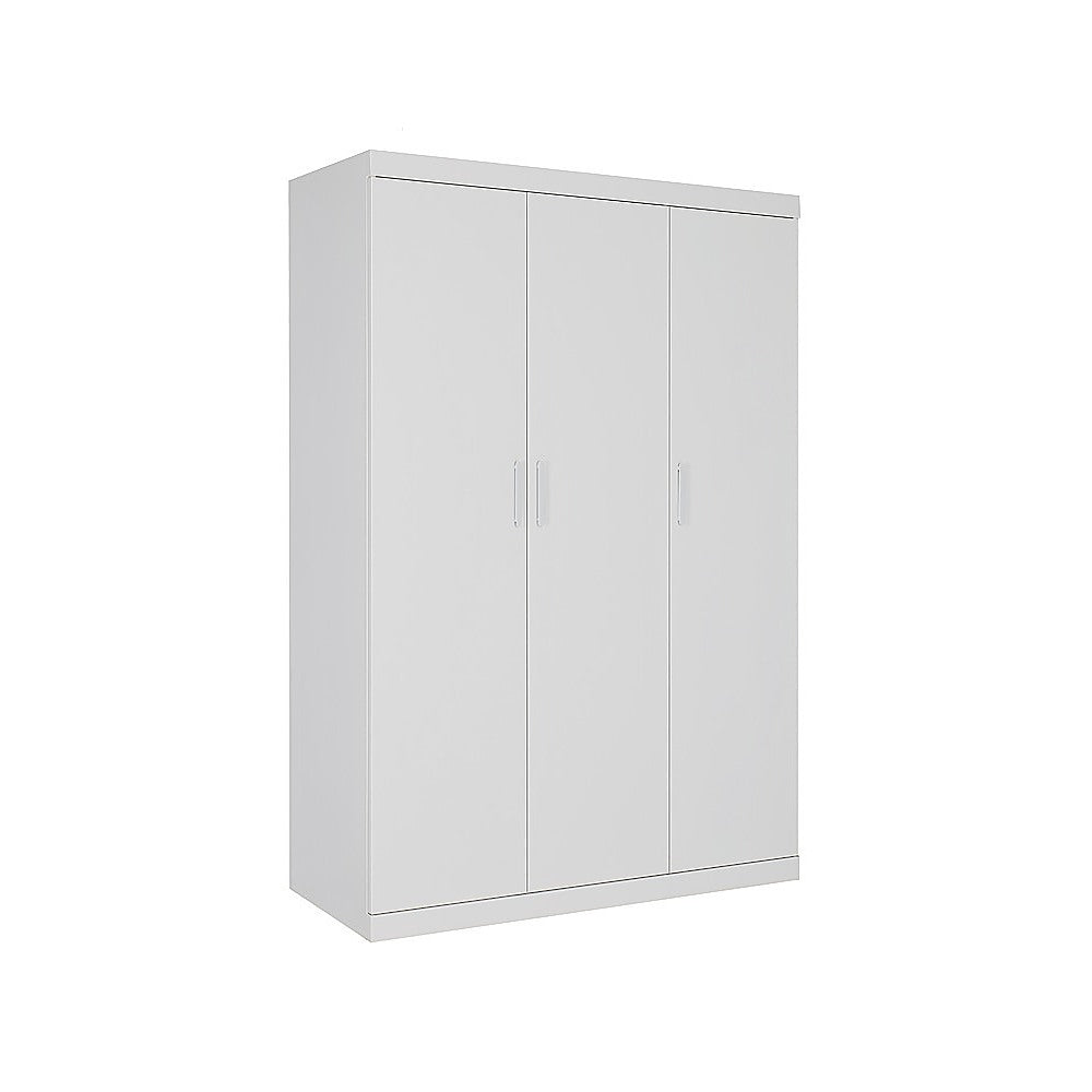 3 Door White Wardrobe - White Handles, Hanging Rail & Shelves V63-953061