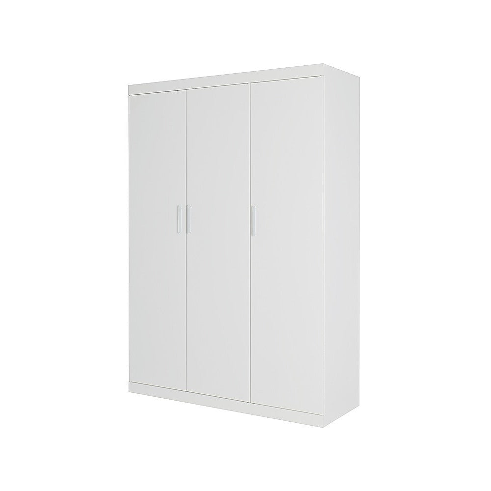 3 Door White Wardrobe - White Handles, Hanging Rail & Shelves V63-953061