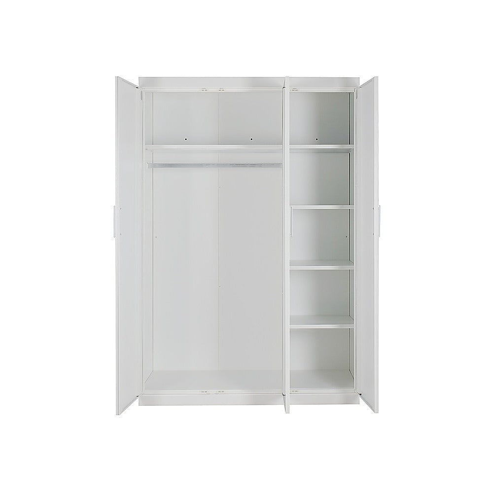 3 Door White Wardrobe - White Handles, Hanging Rail & Shelves V63-953061