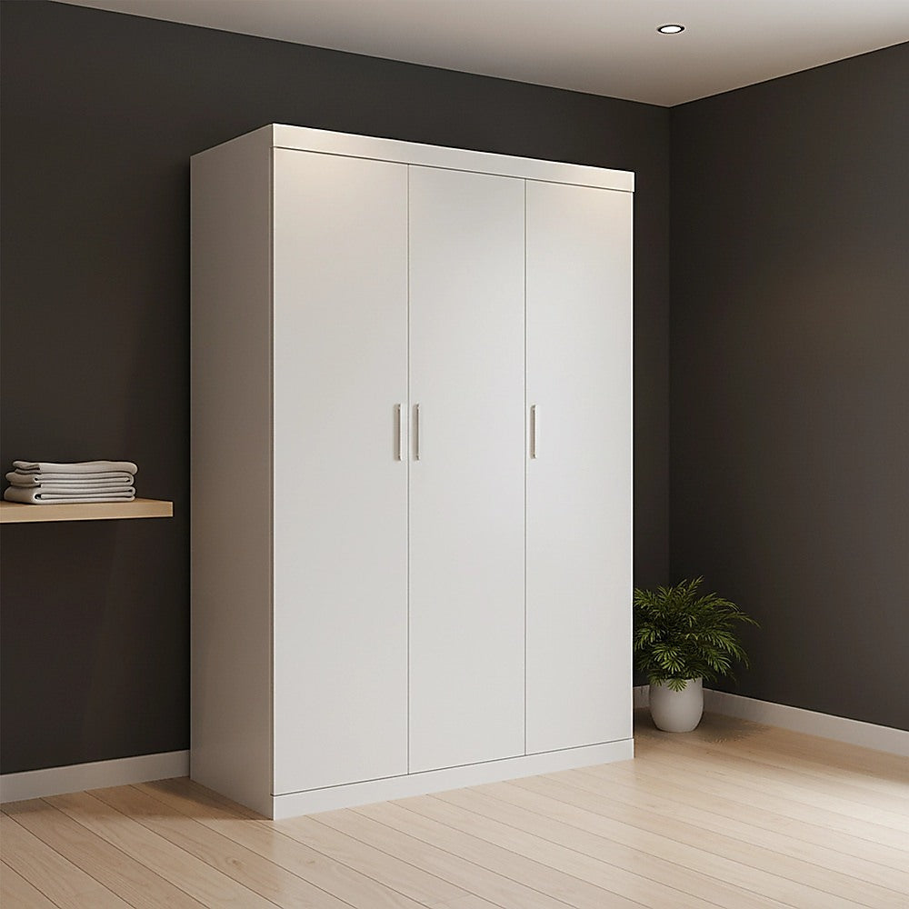 3 Door White Wardrobe - White Handles, Hanging Rail & Shelves V63-953061