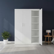 3 Door White Wardrobe - White Handles, Hanging Rail & Shelves V63-953061