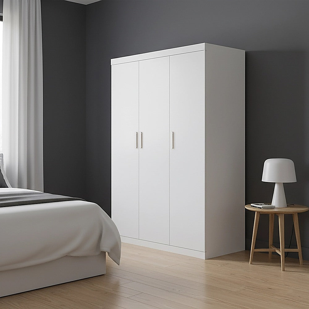 3 Door White Wardrobe - White Handles, Hanging Rail & Shelves V63-953061