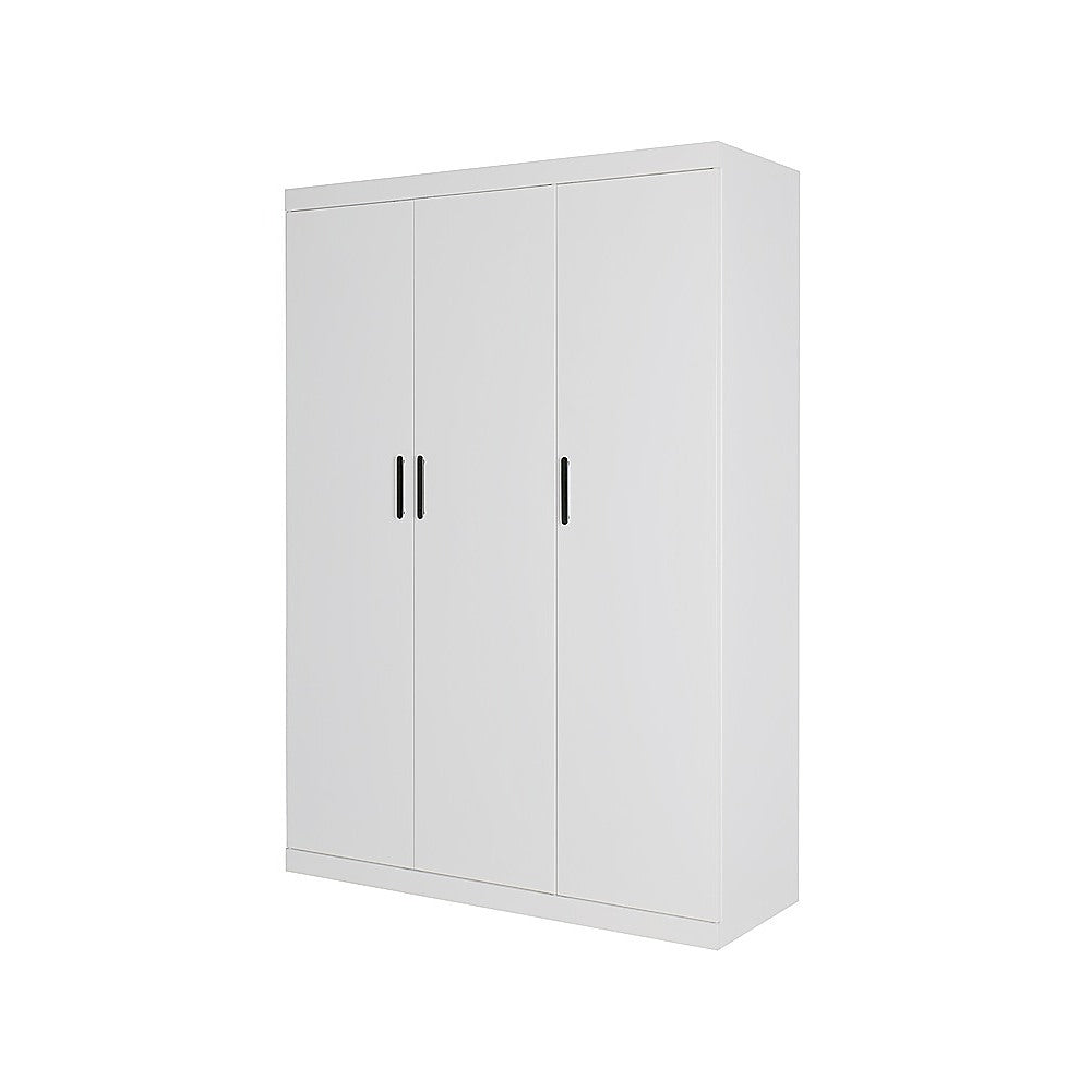 3 Door White Wardrobe - Black Handles, Hanging Rail & Shelves V63-953071