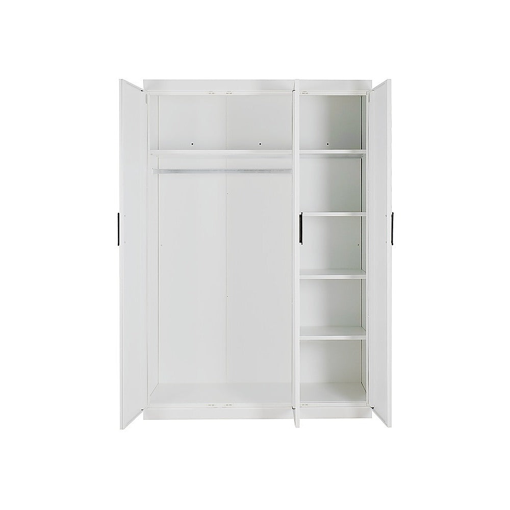3 Door White Wardrobe - Black Handles, Hanging Rail & Shelves V63-953071