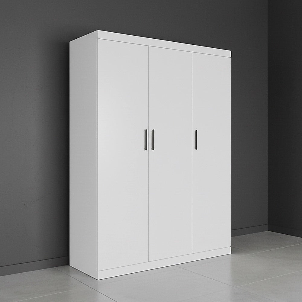 3 Door White Wardrobe - Black Handles, Hanging Rail & Shelves V63-953071