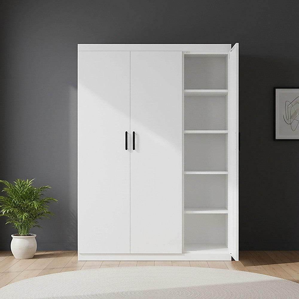 3 Door White Wardrobe - Black Handles, Hanging Rail & Shelves V63-953071
