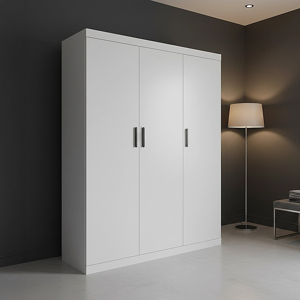 3 Door White Wardrobe - Black Handles, Hanging Rail & Shelves V63-953071