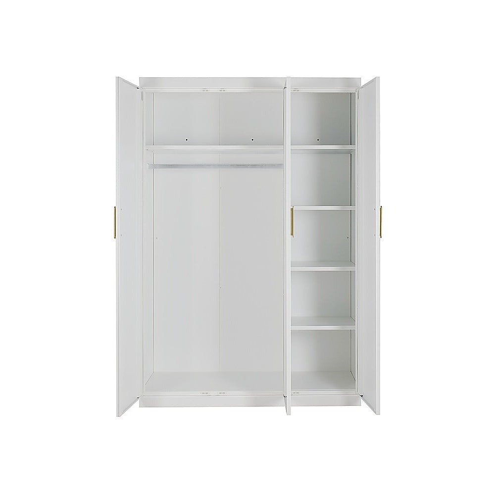 3 Door White Wardrobe - Gold Handles, Hanging Rail & Shelves V63-953081