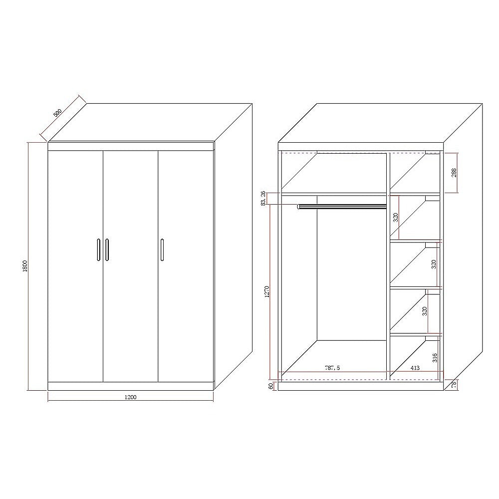 3 Door White Wardrobe - Gold Handles, Hanging Rail & Shelves V63-953081