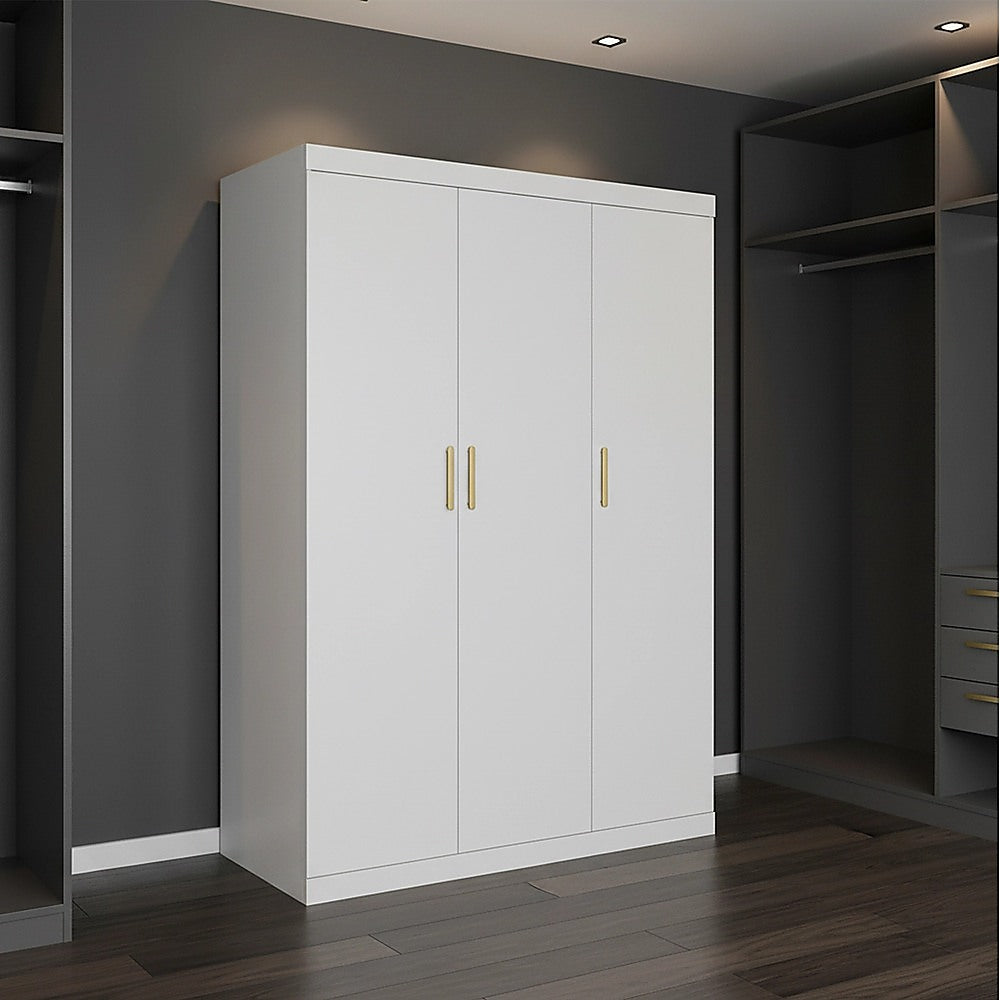 3 Door White Wardrobe - Gold Handles, Hanging Rail & Shelves V63-953081