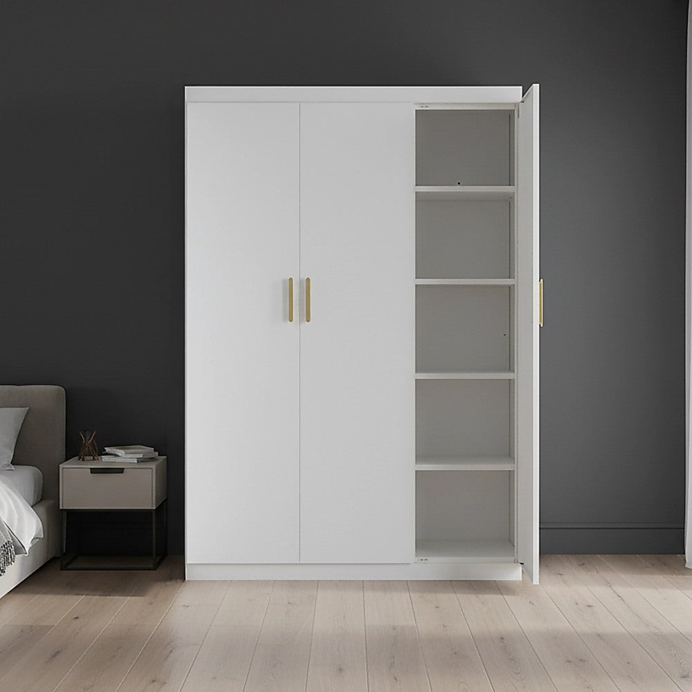 3 Door White Wardrobe - Gold Handles, Hanging Rail & Shelves V63-953081