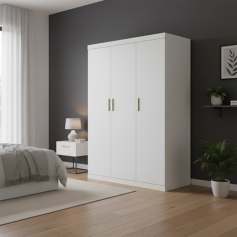 3 Door White Wardrobe - Gold Handles, Hanging Rail & Shelves V63-953081