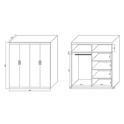 4 Door White Wardrobe Cabinet - Hanging Rail, Shelves & White Handles V63-953101