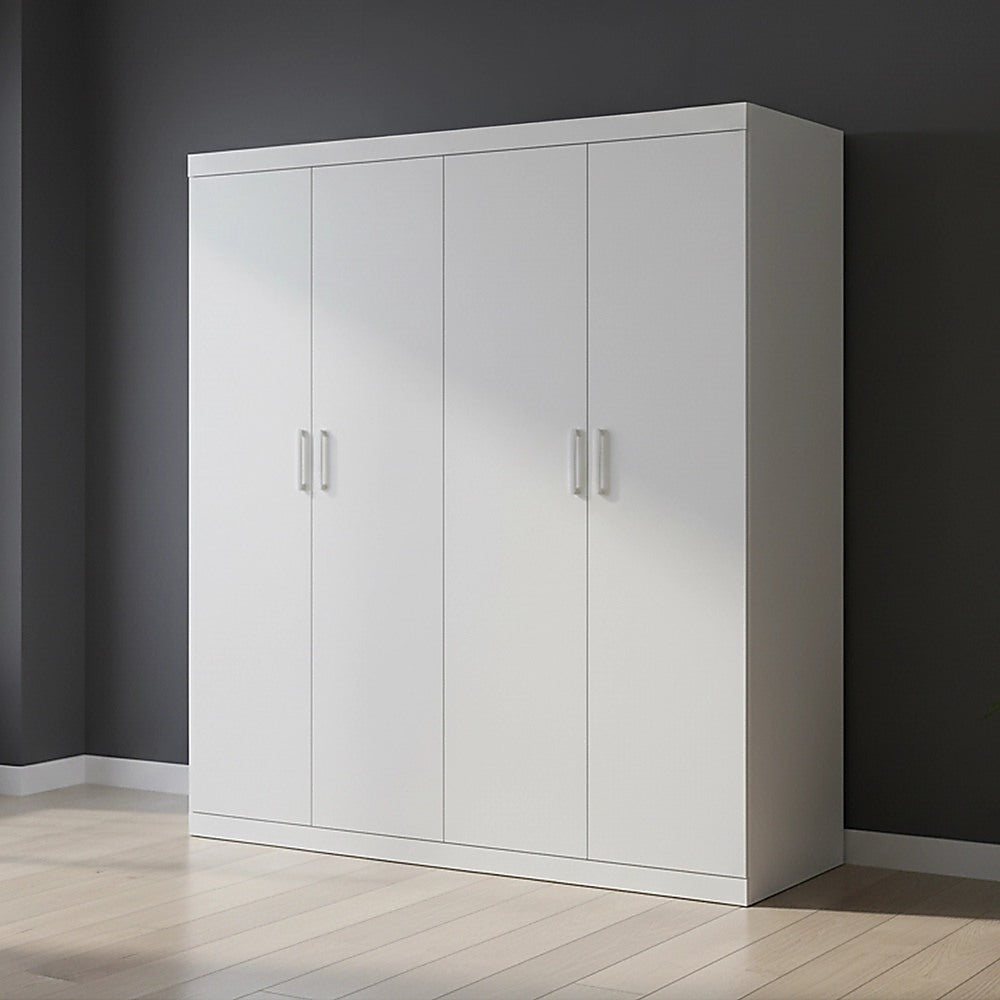 4 Door White Wardrobe Cabinet - Hanging Rail, Shelves & White Handles V63-953101