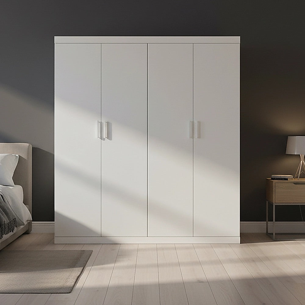 4 Door White Wardrobe Cabinet - Hanging Rail, Shelves & White Handles V63-953101