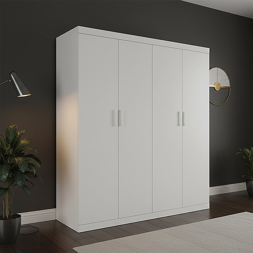 4 Door White Wardrobe Cabinet - Hanging Rail, Shelves & White Handles V63-953101