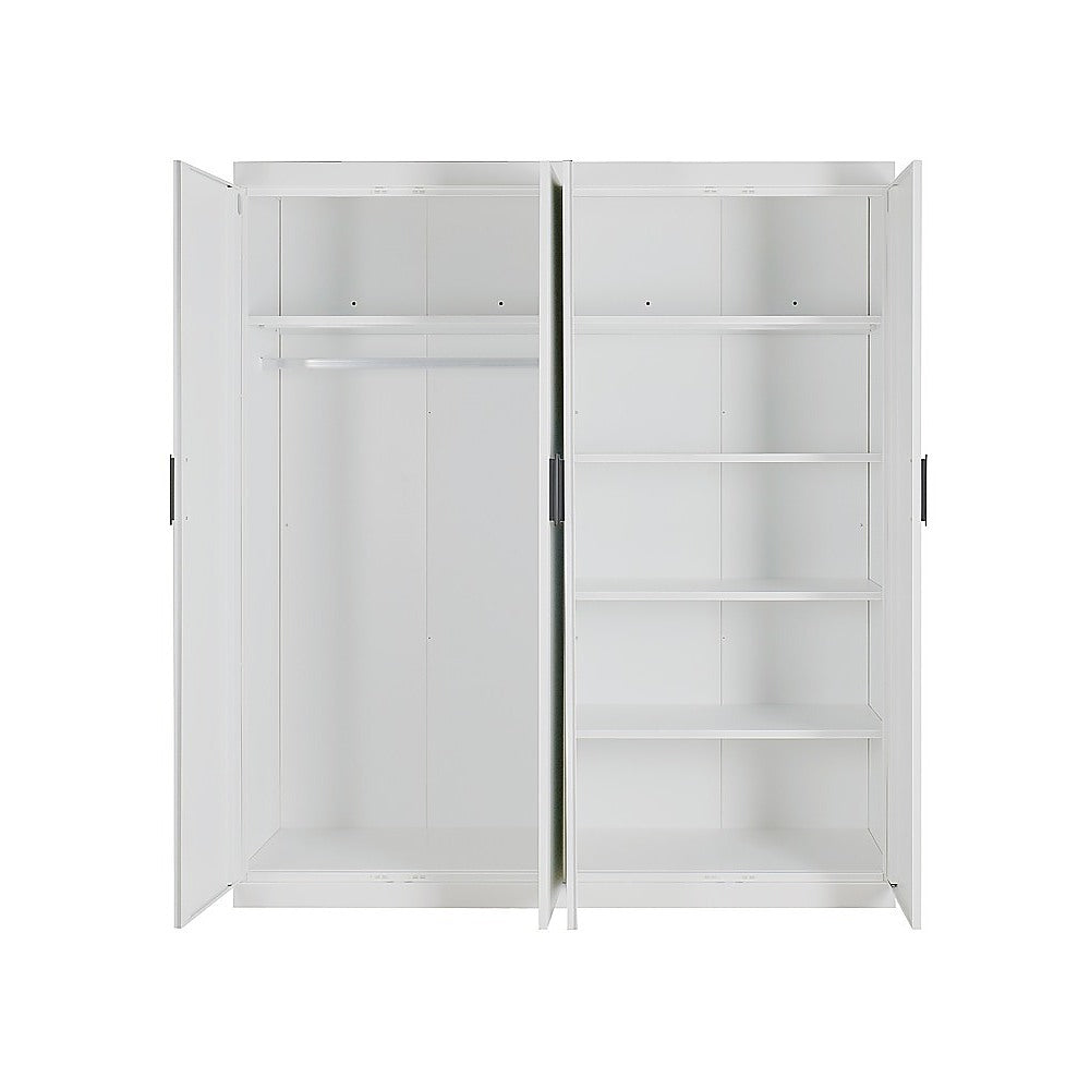 4 Door White Wardrobe Cabinet - Hanging Rail, Shelves & Black Handles V63-953111