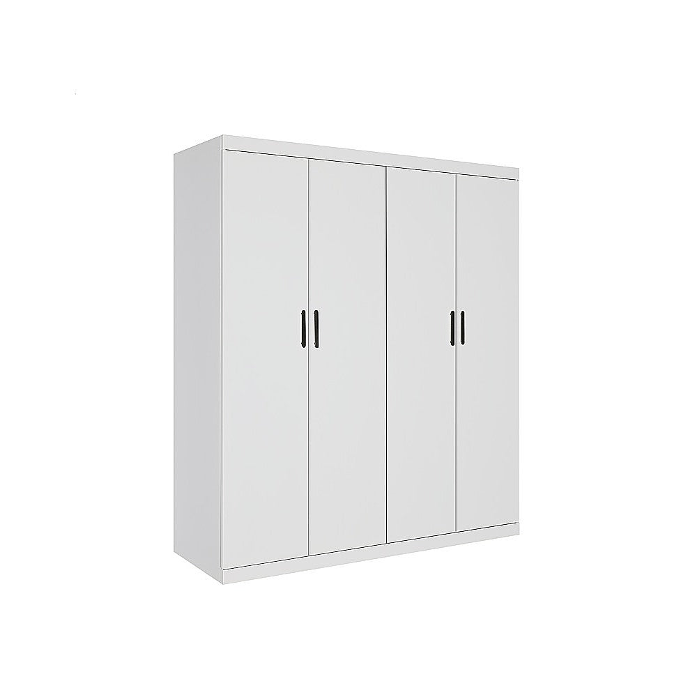 4 Door White Wardrobe Cabinet - Hanging Rail, Shelves & Black Handles V63-953111