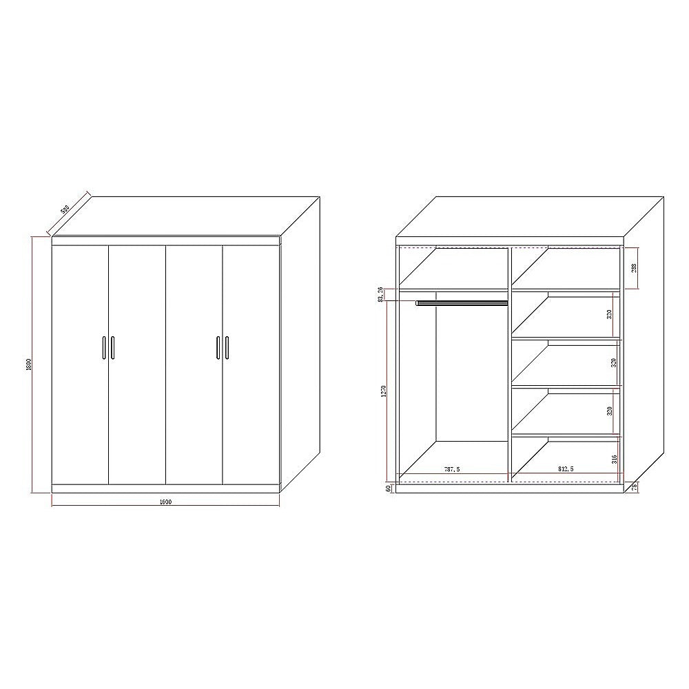 4 Door White Wardrobe Cabinet - Hanging Rail, Shelves & Black Handles V63-953111