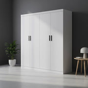 4 Door White Wardrobe Cabinet - Hanging Rail, Shelves & Black Handles V63-953111
