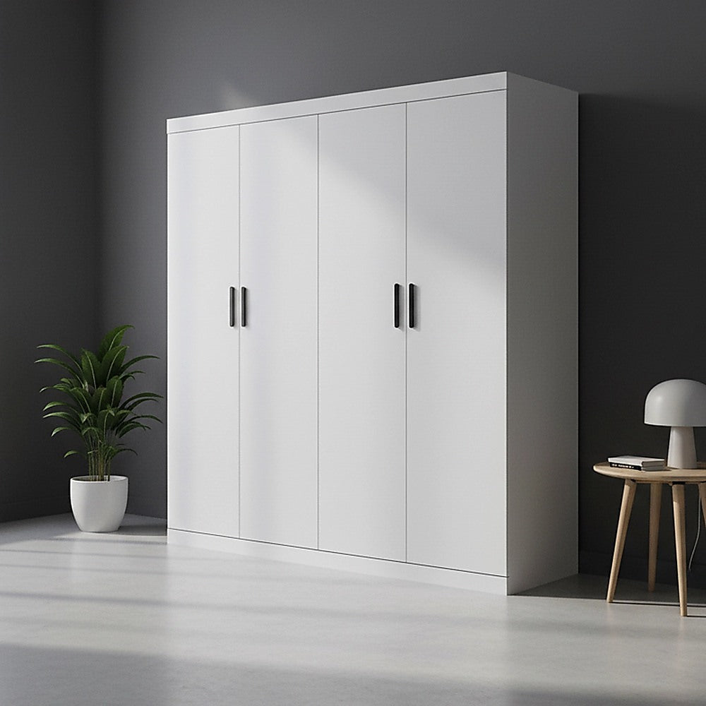 4 Door White Wardrobe Cabinet - Hanging Rail, Shelves & Black Handles V63-953111