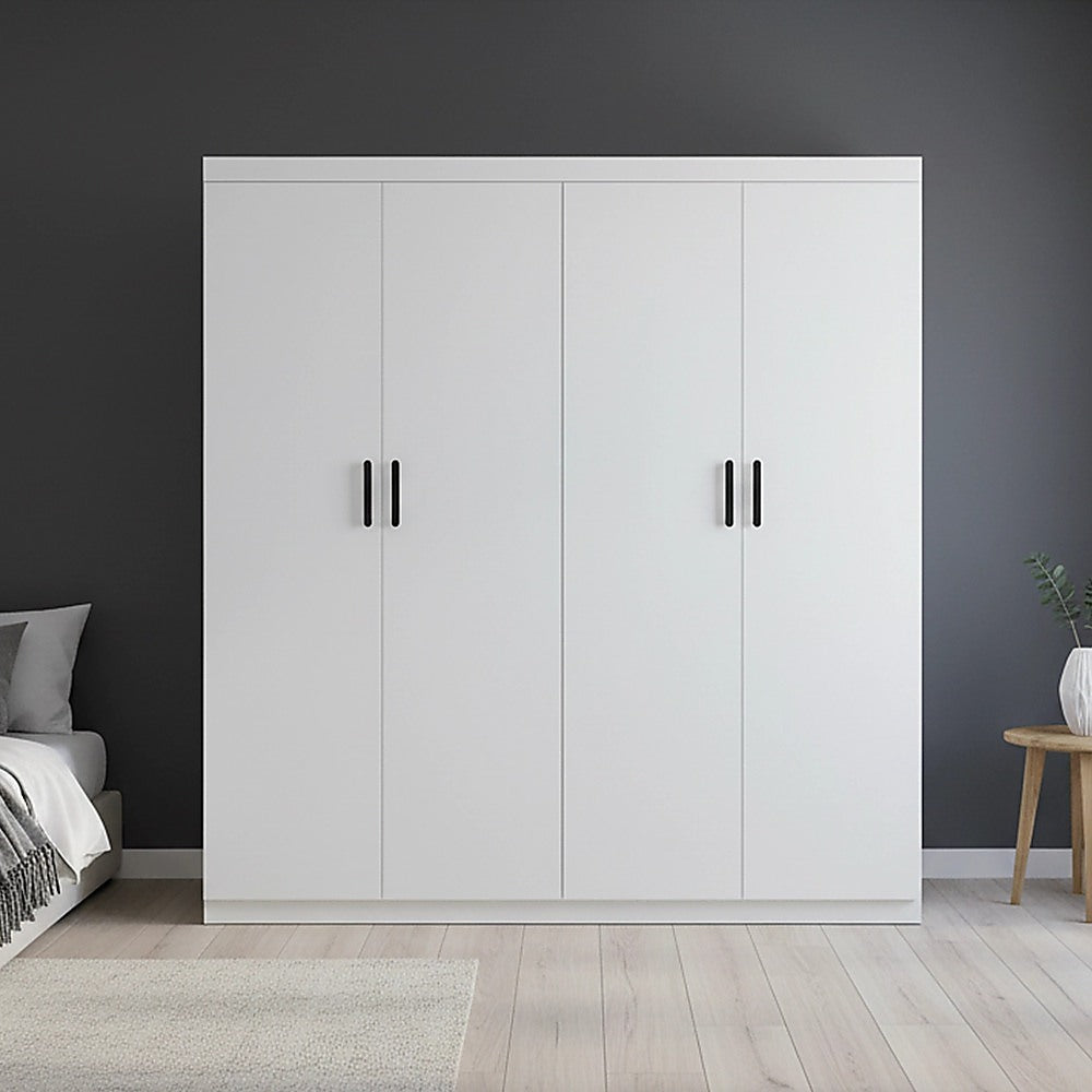 4 Door White Wardrobe Cabinet - Hanging Rail, Shelves & Black Handles V63-953111