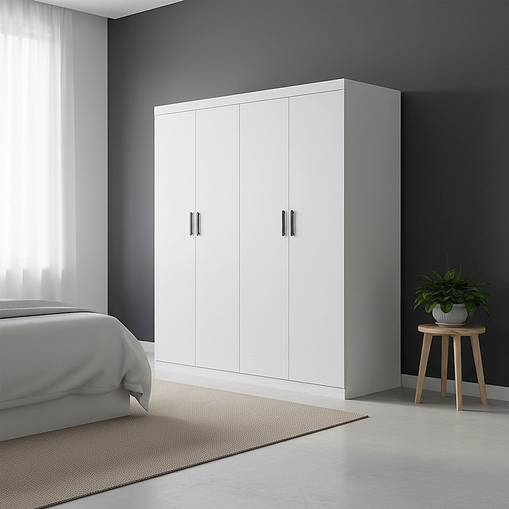 4 Door White Wardrobe Cabinet - Hanging Rail, Shelves & Black Handles V63-953111