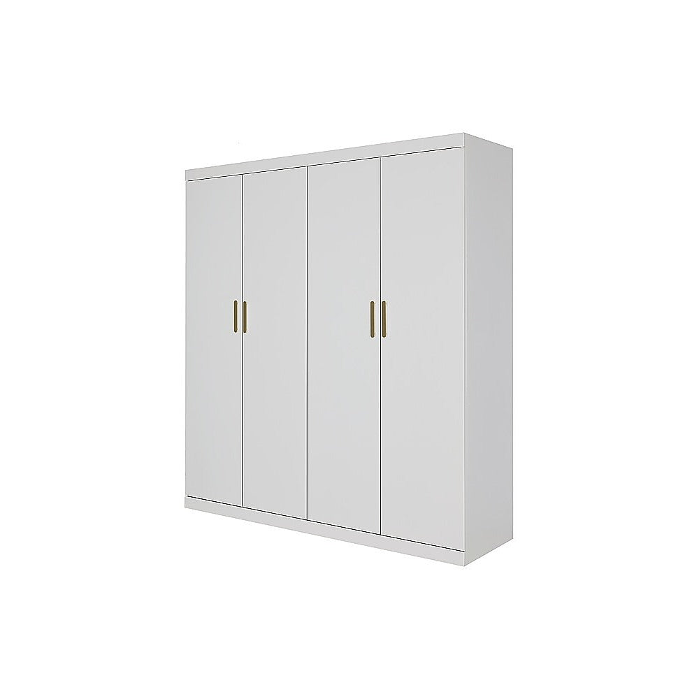 4 Door White Wardrobe Cabinet - Hanging Rail, Shelves & Gold Handles V63-953121