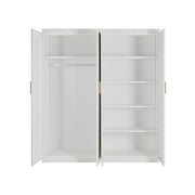 4 Door White Wardrobe Cabinet - Hanging Rail, Shelves & Gold Handles V63-953121