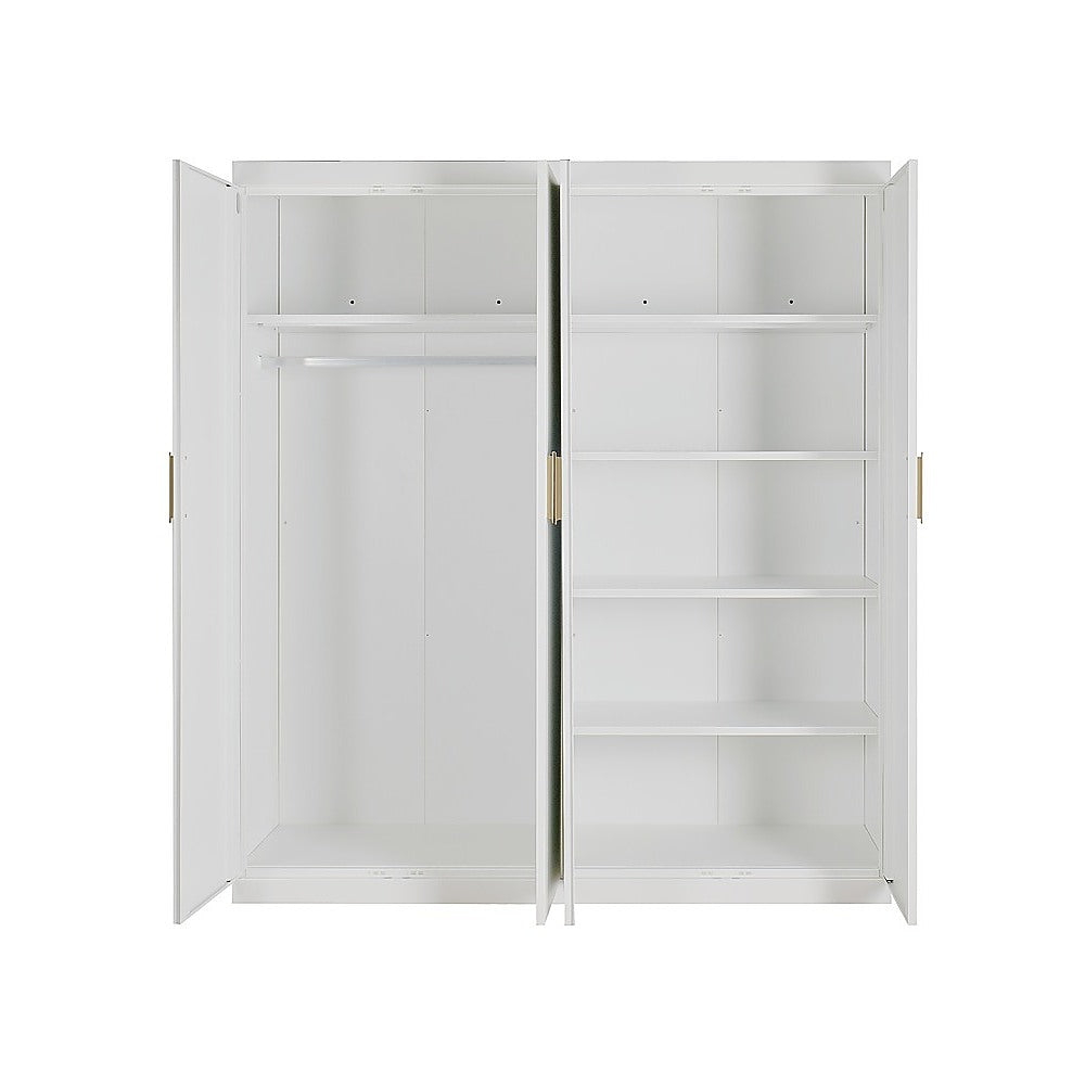 4 Door White Wardrobe Cabinet - Hanging Rail, Shelves & Gold Handles V63-953121