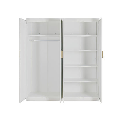4 Door White Wardrobe Cabinet - Hanging Rail, Shelves & Gold Handles V63-953121