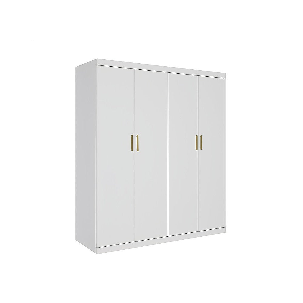 4 Door White Wardrobe Cabinet - Hanging Rail, Shelves & Gold Handles V63-953121