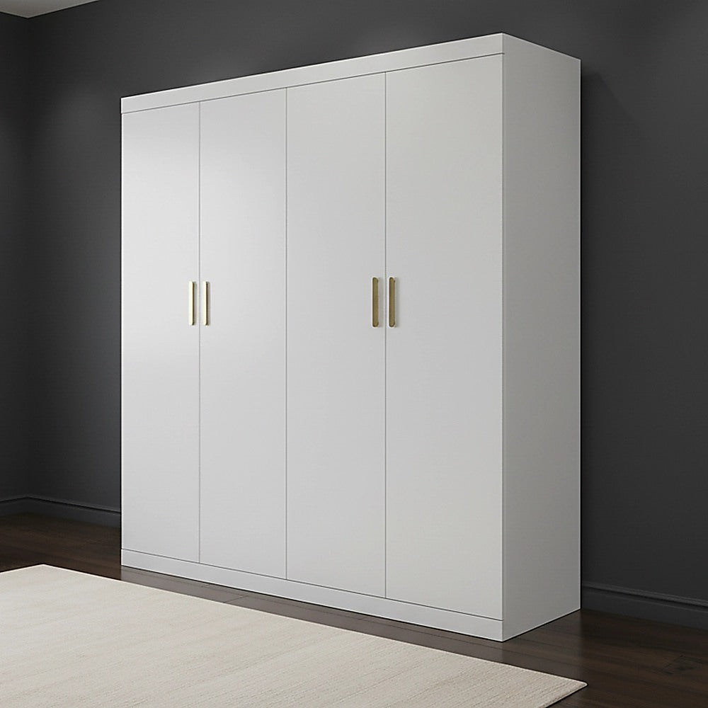 4 Door White Wardrobe Cabinet - Hanging Rail, Shelves & Gold Handles V63-953121