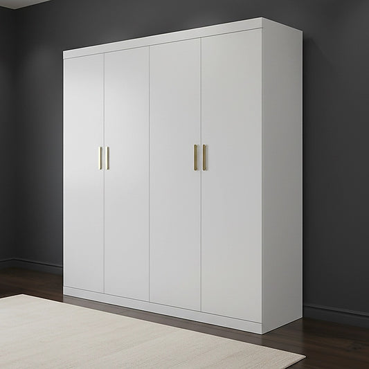 4 Door White Wardrobe Cabinet - Hanging Rail, Shelves & Gold Handles V63-953121