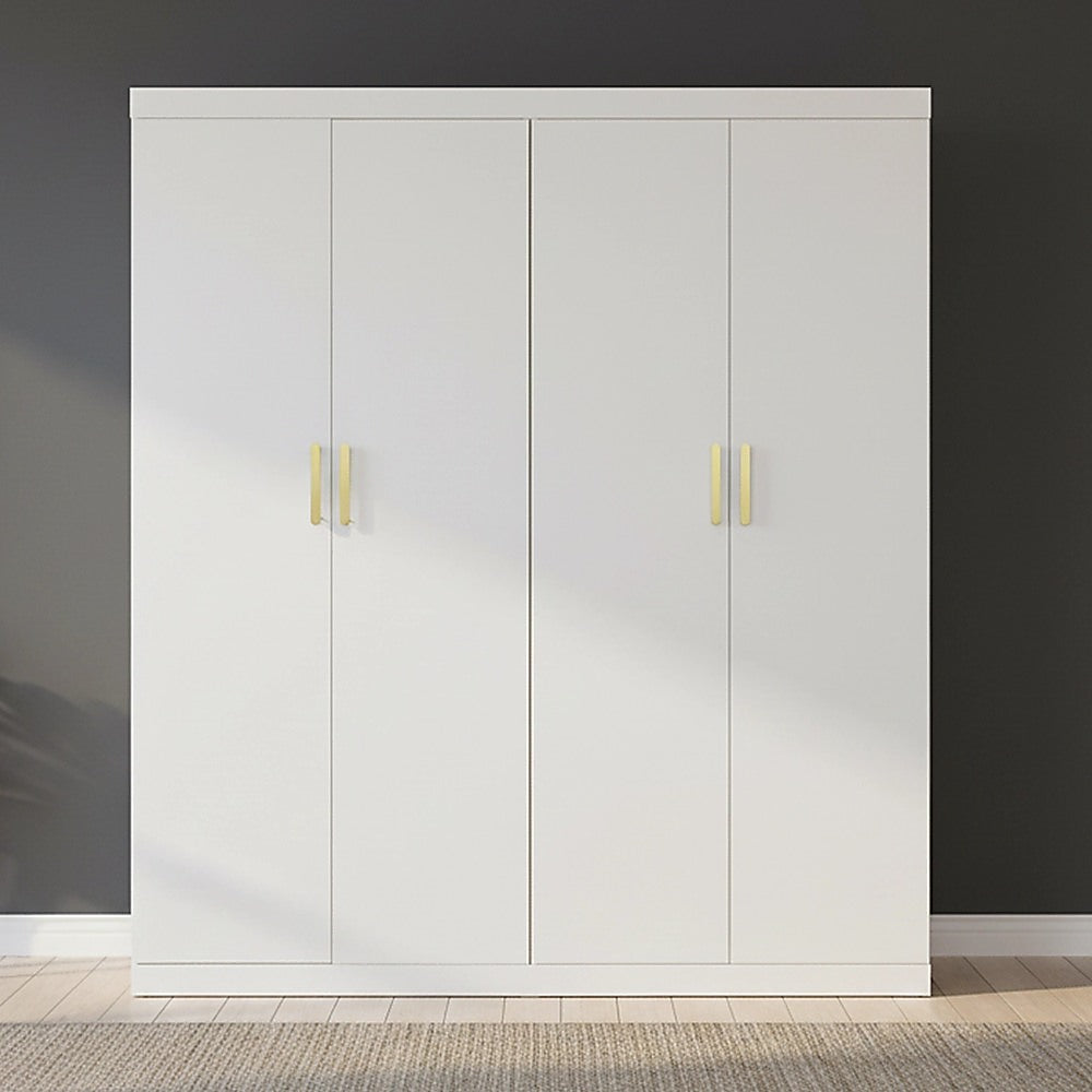 4 Door White Wardrobe Cabinet - Hanging Rail, Shelves & Gold Handles V63-953121
