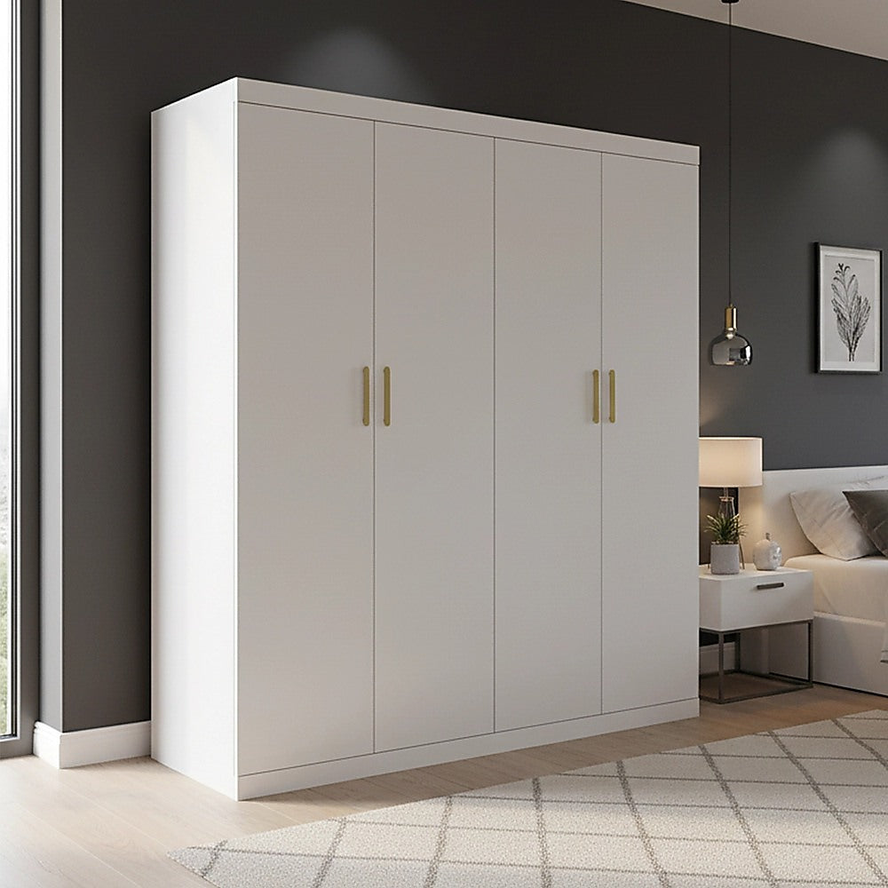 4 Door White Wardrobe Cabinet - Hanging Rail, Shelves & Gold Handles V63-953121