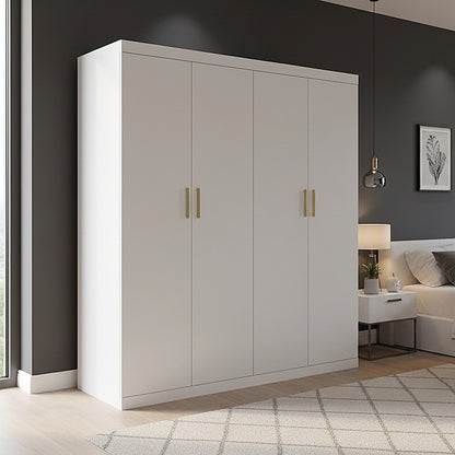 4 Door White Wardrobe Cabinet - Hanging Rail, Shelves & Gold Handles V63-953121