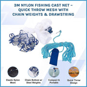 3m Nylon Fishing Cast Net - Quick Throw Mesh with Chain Weights & Drawstring V63-953181