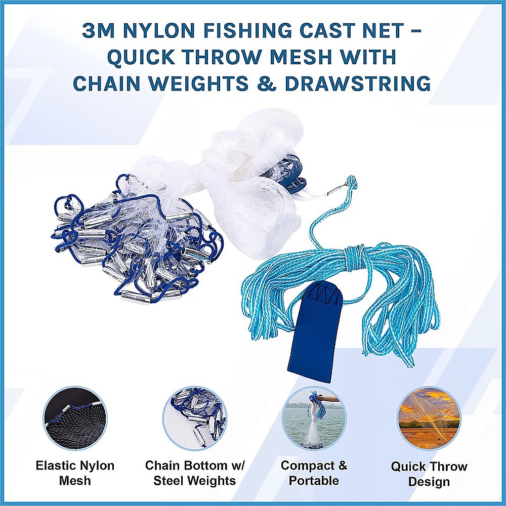 3m Nylon Fishing Cast Net - Quick Throw Mesh with Chain Weights & Drawstring V63-953181