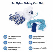 3m Nylon Fishing Cast Net - Quick Throw Mesh with Chain Weights & Drawstring V63-953181