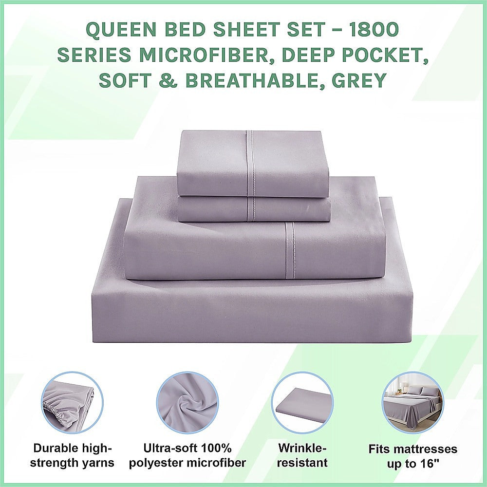 Queen Bed Sheet Set - 1800 Series Microfiber, Deep Pocket, Soft & Breathable, Grey V63-953211