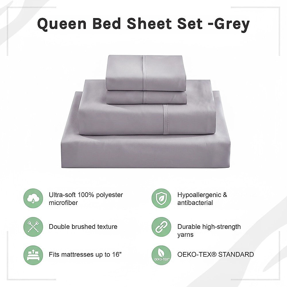 Queen Bed Sheet Set - 1800 Series Microfiber, Deep Pocket, Soft & Breathable, Grey V63-953211