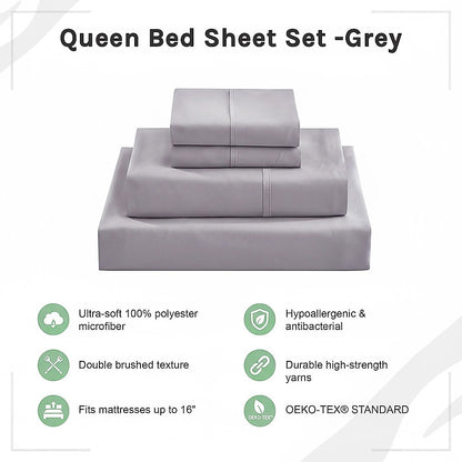 Queen Bed Sheet Set - 1800 Series Microfiber, Deep Pocket, Soft & Breathable, Grey V63-953211