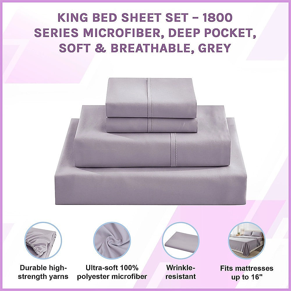 King Bed Sheet Set - 1800 Series Microfiber, Deep Pocket, Soft & Breathable, Grey V63-953221