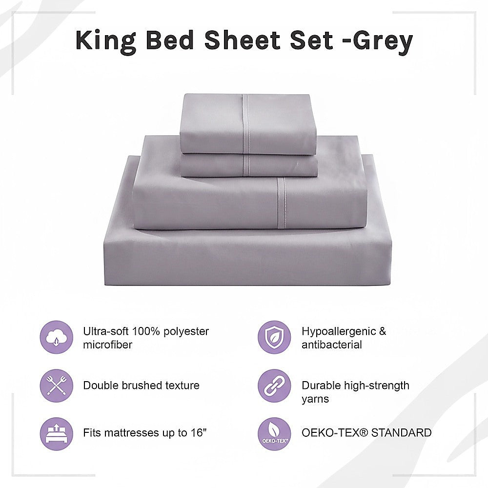 King Bed Sheet Set - 1800 Series Microfiber, Deep Pocket, Soft & Breathable, Grey V63-953221