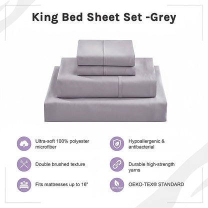 King Bed Sheet Set - 1800 Series Microfiber, Deep Pocket, Soft & Breathable, Grey V63-953221