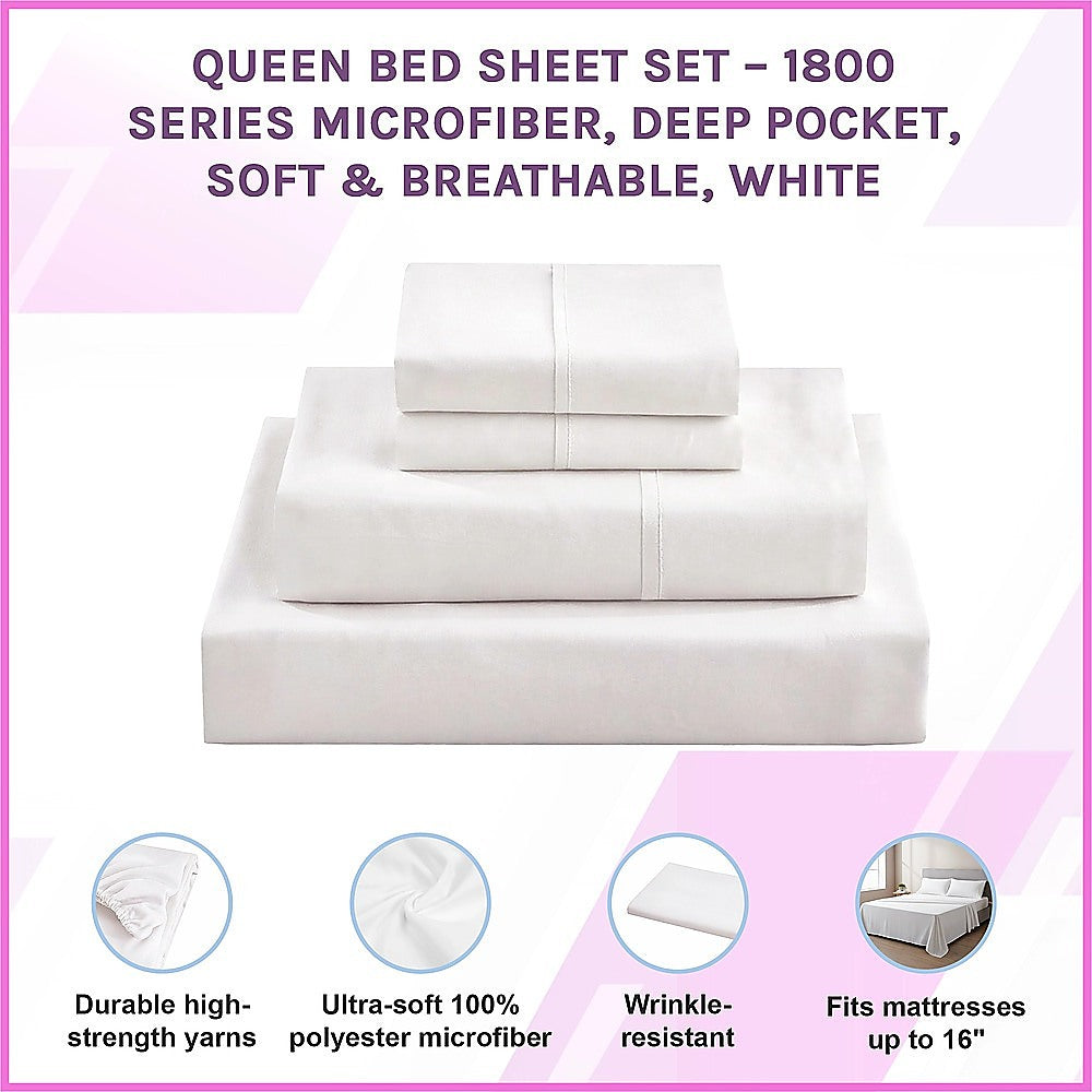 Queen Bed Sheet Set - 1800 Series Microfiber, Deep Pocket, Soft & Breathable, White V63-953241