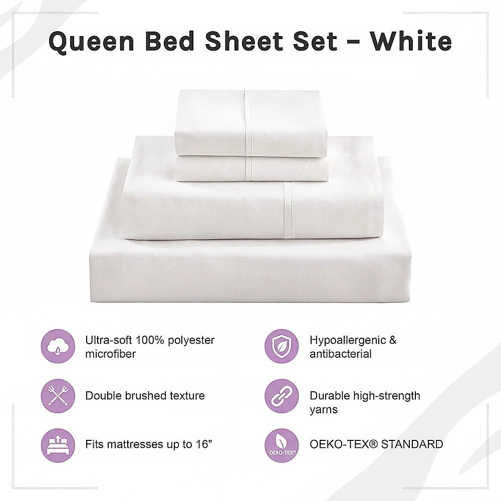 Queen Bed Sheet Set - 1800 Series Microfiber, Deep Pocket, Soft & Breathable, White V63-953241