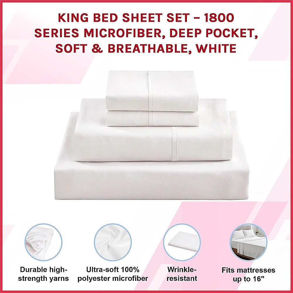 King Bed Sheet Set - 1800 Series Microfiber, Deep Pocket, Soft & Breathable, White V63-953251